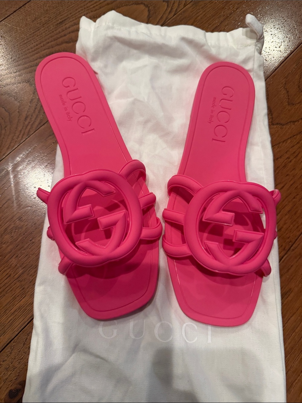 Authentic Gucci Bright Pink GG Rubber Slide Sandals